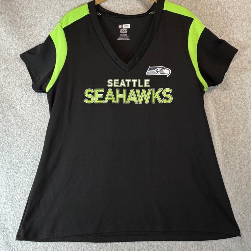 Seattle Seahawks Shirt Womens XL Black Green V-Neck TX3 Cool NFL Team Apparel